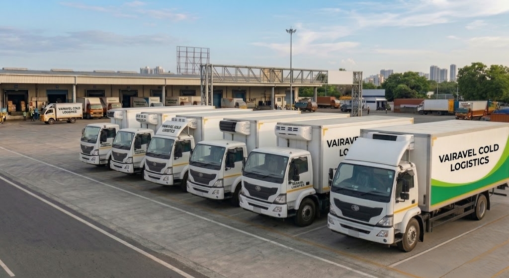Vairavel Cold Logistics reefer trucks at loading dock